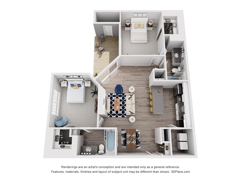 Floor plan for 2 beds, 2 baths, 1050 sqft